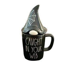 Rae Dunn Halloween Coffee Mug‎ CAUGHT IN YOUR WEB Mug w/ Gnome Topper Spider